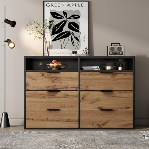 Merax Kommode mit 6 Schubladen und 2 Fächern, Komodenschrank für Schlafzimmer, Sideboard Schubladenschrank für Wohnzimmer, Esszimmer und Büro, aus Holz & Bernstein Glas, Eiche + Schwarz, 120x40x80cm