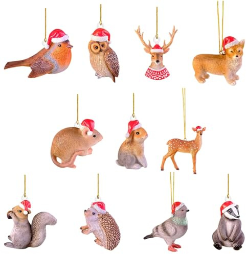 Tierschmuck für den Weihnachtsbaum, Elch-Weihnachtsschmuck - Baumschmuck mit Tiermotiven - Elch, Vogel, Eule, Hund, Eichhörnchen, Acryl-Weihnachtsschmuck, 11 x einzigartige weihnachtliche Baumsc