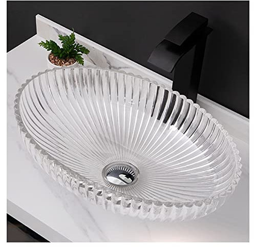 Transparent Tempered Glass Basin Bowl Vessel Sink - Oval Artistic Glass Washbasin for Bathroom Vanity - Art Tempered Glass Vessel Basin Bowl