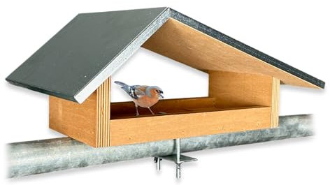 GARTENETAGE Balkon-Futterstelle aus wetterfestem Naturholz, Metalldach, einfache Montage, robuste Befestigung – Ideales Vogelhaus für den Balkon, modernes Design, exklusiv