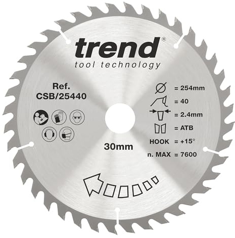 Trend 254mm Wood Circular Saw Blade, 30mm Bore, 40 Teeth, TCT | For Fast, Clean Cross-Cutting In Softwood And Hardwood, With 2.4mm Kerf, +15° Hook And Medium Finish, CSB/25440
