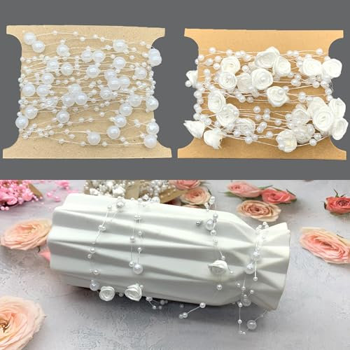 DHER 10m dekorative Perlenkette+Rose Perlenkette,Dekoband mit Perlen Rosen Perlenband DIY Blumengirlande dekorative Perlenkette,Kopfschmuck Haarschmuck Verkettung Perlendraht dekorative (Weiße)