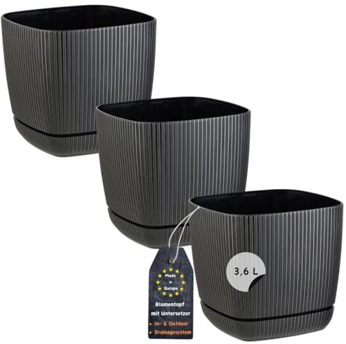 Engelland - 3 x Blumentopf mit Drainagesystem, Untersetzer, Farbe: Schwarz, Rillenoptik, Pflanz-Topf, Kübel, modern, Kunststoff, quadratisch, 18 x 18 cm, 3,6 Liter