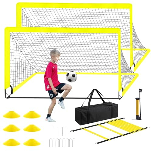 2er Set Fußballtor inkl mit,Faltbares Tragbares Fussballtore,Tragetasche und Zubehör,Mit Transporttasche und Ballpumpe Zielscheibe 180 * 120cm(6x4 Fuß)，gelb