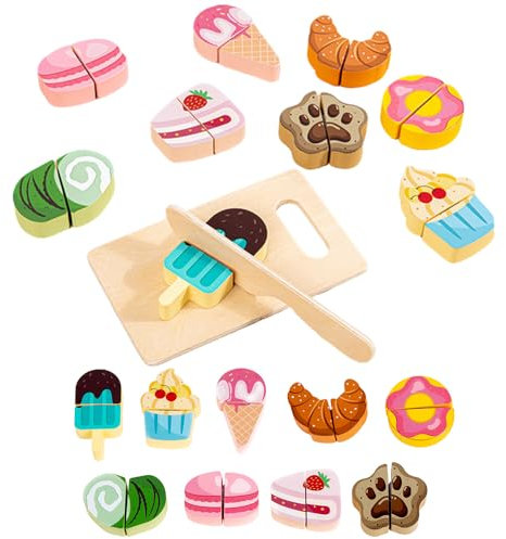 Ice Cream Toy 12PCs Wooden Cake Toy Cutting Play Set Pretend Food Play Set Toy Kitchen with Wooden Knife, Cupcake, Bread Educational Learning Toy for 3 Year Old Girl Birthday Gift