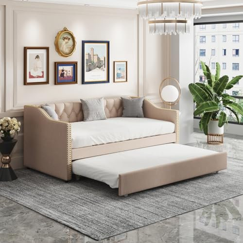 FOERPL Sofá Cama Convertible de 90 x 200 cm, 2 en 1, sofá Cama extraíble, Camas de Matrimonio, Marco de Cama Extensible con somier de láminas (Lino, sin colchón)