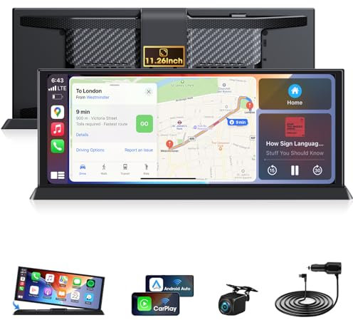Vtopek Grand Écran Carplay de 11,26 Pouces avec Support Exclusif Apple Carplay sans Fil Android Auto Car Play avec Caméra de Recul Écran Car Play Buddy Portable avec Navigation Bluetooth Siri