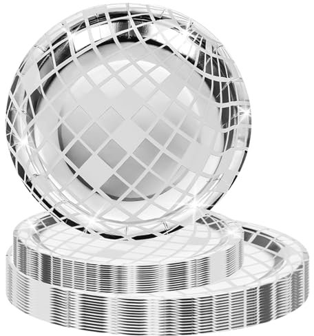 BRIOTA 25Pcs Silver Paper Plates, Disco Party Plates, 9-Inch Disposable Plates for Wedding, Birthday, and 70's Disco Theme Party Decorations