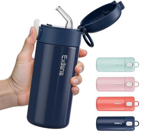 Exllena 300ml Small Water Bottle with One-Touch Soft Straw Lid, Double-Wall Vacuum Insulated Small Flask for Hot&Cold Drinks–Leak-Proof, Mini Water Bottle for Handbag, Yoga, Sport (Dark Blue)