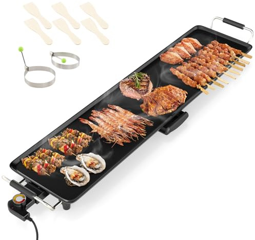 GiantexUK Electric Teppanyaki Grill Table (105 × 24cm, Stamping Aluminum) | 1800W Adjustable Temperature BBQ Griddle with Non-Stick Top, Wooden Spatulas & 2 Egg Rings, Easy Clean Barbecue Hot Plate