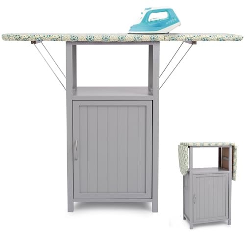 VANCETO Faltbarer Bügelbrettschrank aus Massivholz, mit Aufbewahrungsschrank, kompaktes und platzsparendes Design, perfekt für Wohnungen, Schränke oder Waschküche (Grau)