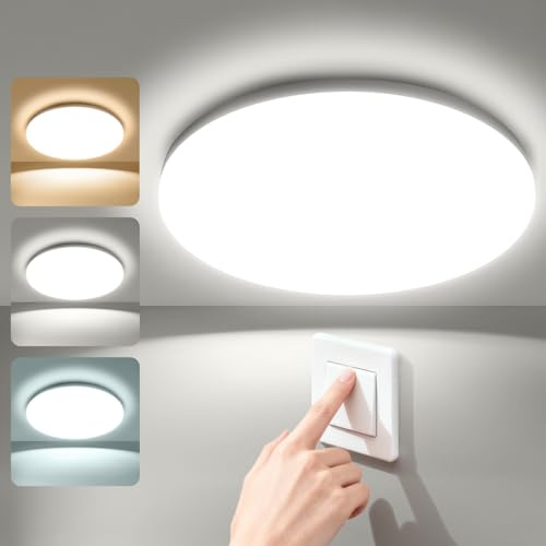 genatu Ceiling Lights, Bathroom Light Fittings Ceilings, Ø22cm Round, 17W, 3000lm, 3000K/4000K/6500K by Wall Switch Control, No Flicker & No Delay,CRI>80, IP65 Waterproof for Kitchen, Hallway, Garage