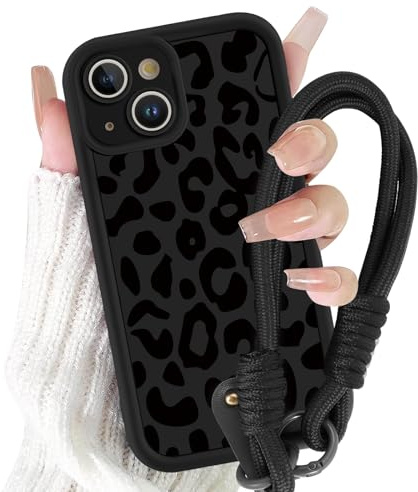 Phoona Cute Black Leopard for iPhone 15 6.1 Phone Case, Aesthetic Girly Phone Case with Phone Charms Chain Bracelet,Soft Shockproof Protective Cover Funda Cover for Women Girls