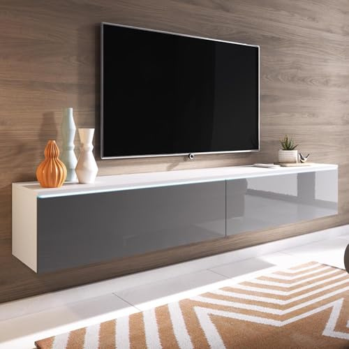 FWStyle 1.8M 2 Door Matt White & Grey Gloss TV Media Unit with LED – Wall Mounted or Freestanding TV Stand – 180cm LED TV Cabinet with Drop-Down Doors – Modern Living Room Furniture