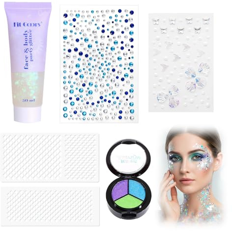 6 Stück Meerjungfrau Kostüm Schminke Schablone,2 Fischschuppen Schablonen mit 2 Glitzersteine Selbstkleb,end,Chunky Sequins Glitter Gel,Meerjungfrau Face Paint für Karneval Kostüm Makeup