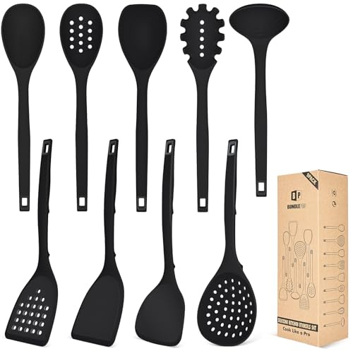 Juego de utensilios de cocina de silicona, 9 piezas de utensilios de cocina resistentes al calor con ganchos traseros, sin BPA, utensilios de cocina con espátulas, cucharas, skimmer y tenedor de pasta