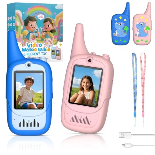 FUNYKICH 2PCS Video Walkie Talkies for Kids with Dinosaur-Themed Protective Case, Rechargeable Long Range Handheld Kids Camera Walkie Talkies for Games, Camping, Hiking for Boys Girls Ages 3-12