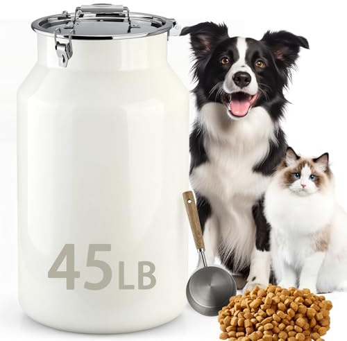 Aloxina Dog-Cat Food Storage Container 45 lb/40 Qt, Large Stainless Steel Pet Food Bin with Airtight Lid & Scoop Included, Durable 304 Metal Storage for Dogs & Cats