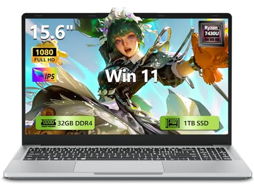 PC Portatile 15,6 Pollici con Ryzen 5 7430U, 32GB RAM 1TB SSD, Notebook Win 11 Schermo FHD 1920*1080, Laptop con Tastiera Retroilluminata con Tastierino Numerico, Computer Portatile Type-C HDMI USB3.0