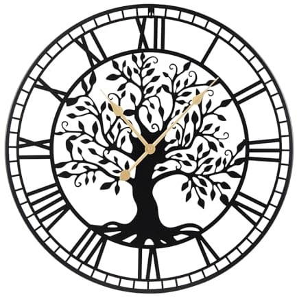 COSTWAY Orologio da Parete Grande 68 cm con Albero della Vita in Metallo | Decorativo Orologio da Parete Silenzioso Senza Ticchettio per Soggiorno, Camera da Letto e Cucina, Nero