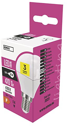 EMOS LED Lampe Mini Globe, 5 W Ersatz für 40 W Glühbirne, E14 Sockel, Helligkeit 470 Lumen, Neutralweiß 4000 Kelvin, 30000 Stunden Lebensdauer, CRI min. 80, 250° Abstrahlwinkel