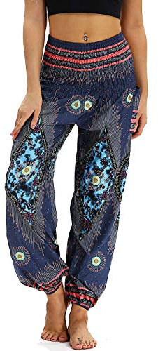Nuofengkudu Damen Hippie Haremshose Capri Thai Hose Leichte mit Taschen Dünn Boho Ethno Blumenmuster Muster Strand Sommerhose Yogahose Blue Pfau
