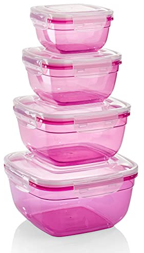 Grizzly 4er Set Frischhaltedosen (0,5L, 0,9L, 1,5L, 2,4L), quadratisch, Kunststoff, 100% luft-/wasserdicht, mikrowellengeeignete Vorratsdosen, Berry