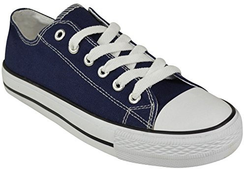 SHOPONLINE 192 Women's Canvas Lace-Up Plimsoll Flat Gym Sports Trainers Lightweight Shoes (6 UK, Navy Blue)