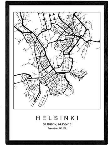 Nacnic Feuille plan de ville Helsinki. Photos, impressions et affiches pour le salon, la chambre à coucher... Style nordique en noir et blanc. Poster de pays et continents. Format A4 sans cadre.