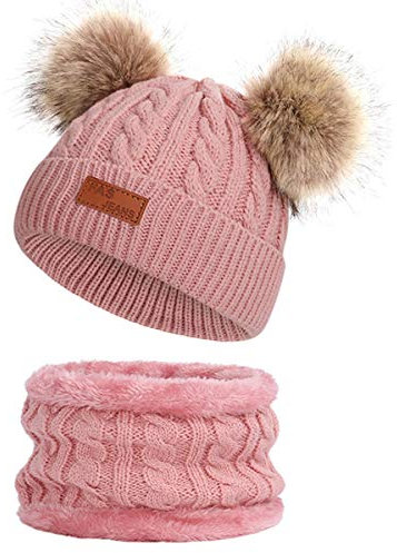 Yixda Baby Mütze Schal Set Mädchen Jungen Warm Fellbommel Beanie Hüte (B2-Dunkel Rosa)