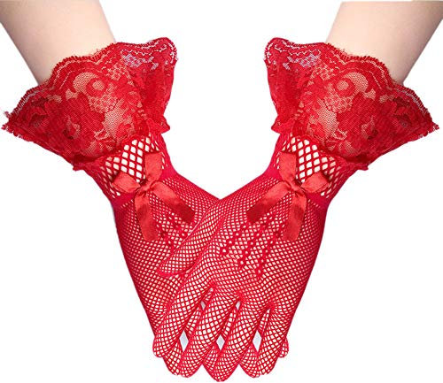 MoreChioce Damen Sommer Spitzen Kurz Handschuhe,Frauen Lace Brauthandschuhe Gothic Armstulpen Spitzenhandschuhe Treibende Handschuhe Classic Opera Handschuhe Satin Abendkleid Zubehör,Rot Spitze