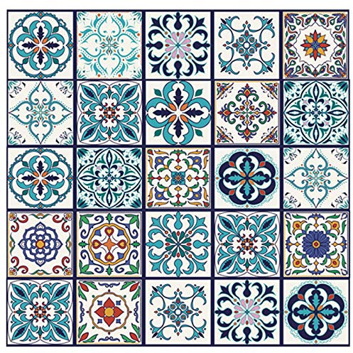 25pc Tile Stickers,Retro Traditional Wall Tile Transfers Stickers Self-Adhesive Peel and Stick Waterproof Kitchen Bathroom DIY Backsplash (6x6in,15x15cm)