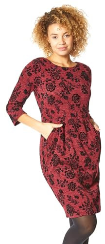 Roman Originals Shift Dress with Pockets for Women UK - Ladies Summer Autumn Winter Smart Casual Work Short 3/4 Sleeve Tunic Knee Length Pleated Gathered Waist Tea Loose - Wine Red & Black - Size 20