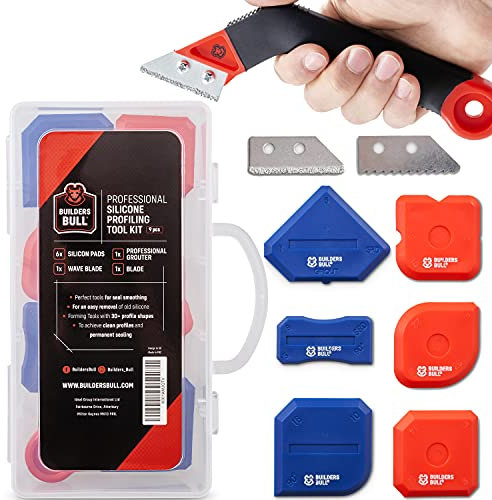 Silicone Sealant Finishing Tool Set - 6 Silicone Pads, 1 Professional Sealant Remover, 2 Extra Blades in Carry Box - Silicone Remover Tools - 30 Profile Shapes - Silicone Caulking Tool Kit