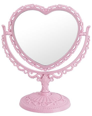 Rosa Herzspiegel für Schreibtisch, niedliche Kokette, Raumdekoration, klein, mit Ständer, Schminktisch und Badezimmer, doppelseitig, drehbar, Make-up-Tischspiegel