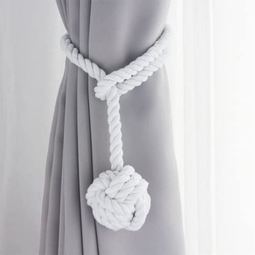 JQWUPUP Rustic Curtain Tiebacks - Outdoor Curtain Holdbacks Holders - Cotton Drape Tie Backs Rope for Curtains (White, 2 Pack)