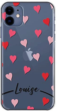 Personalised Phone Case For Apple iPhones, 14, 13, 12, 11, Pro Max, Mini, XR, XS, Black Name/Initials with Pink and Red Hearts Design Print on Clear Case, Hard Cover