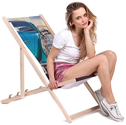 DreamRoots Liegestuhl klappbar Buchenholz, Old Blue Car | Klappliegestuhl Holz, Buchenholz, bis 130 kg, 3-fach verstellbar, waschbarer Polyesterbezug, für Garten & Terrasse
