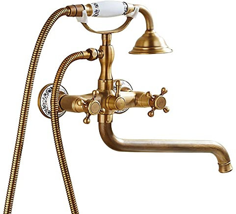 HomeLava Antik Badewannenarmatur Zweigriff Messing Wannenarmatur Badewanne Wasserhahn Wandmontage mit Handbrause Aufputz Wannenmischer Dusche Set