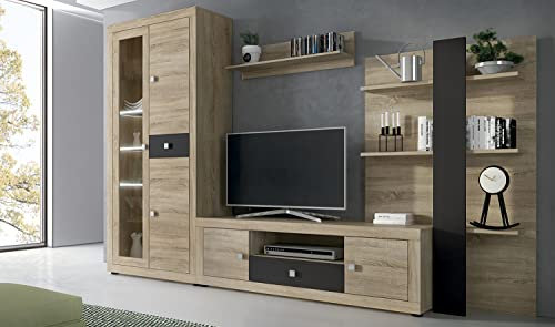 PEGANE Ensemble de Salon Meuble TV +1 étagère Murale + Armoire avec éclairage LED + bibliothèque Coloris chêne Cambrian, Chocolat