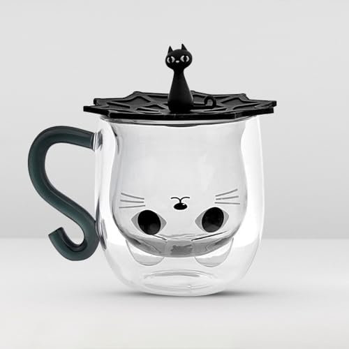 LOMUG Taza de Gato, Vaso Térmico de Doble Pared Con Tapa, Latte Macchiato, Lindo Vaso de Café, Regalos Para el Día de la Madre, Mujeres, Niños, 300ml