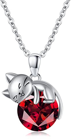 SLIACETE 925 sterling silver katt halsband för kvinnor flickor söt katt smycken gåvor för kattälskare, Sterlingsilver, Granat