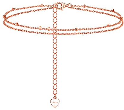 Loutade Silver Anklets for Women, 925 Sterling Silver Ankle Bracelet, 10 Inch Adjustable Silver Beaded Anklets Double-Deck Foot Chain, Summer Holiday Beach Jewellery Rose Gold Shell Ankle Chain