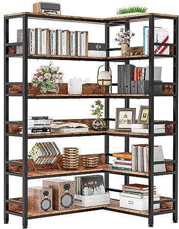 IRONCK Industrial Bookshelves 6 Tiers Corner Bookcases with Baffles Etagere Shelf Storage Rack with Metal Frame for Living Room Home Office