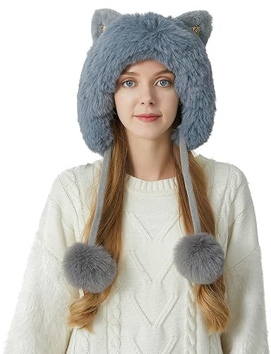 Huakunda Damen Winter Strickmütze Pom Pom Katze Ohr Stricken Hut Warme Beanie mit Innenfutter für Reiten Ski Snowboard