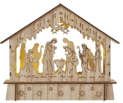 EMOS Weihnachtskrippe aus leichtem Holz, Weihnachtsdekoration mit 6 LEDs, warmweißes Licht, batteriebetrieben (2x AA), IP20 Innenbereich, 10000 h Lebensdauer, 6/18h Timer, 18,5 x 15 cm