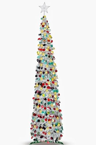 COUAH 5 Ft Prelit Christmas Pencil Tree with Timer 50 Color Lights Star, Glitter Slim Pop Up Tinsel Christmas Tree Decorations Battery Operated Xmas Tree Indoor Home Decor, Multicolor Sliver