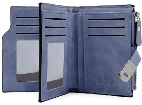 Portefeuille Femme en PU Cuir Porte Monnaie pour Femme Lisse et Souple Portefeuille Petit Format Compact avec 16 Emplacements de Carte, Porte-Monnaie Court en Cuir Synthétique Bifold (Bleu Profond)