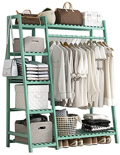 SilteD Exquisiter Kleiderständer aus Holz mit Regalen, hängender Kleiderständer für Schlafzimmer, freistehender offener Kleiderschrank/grün/110 x 40 x 140 cm