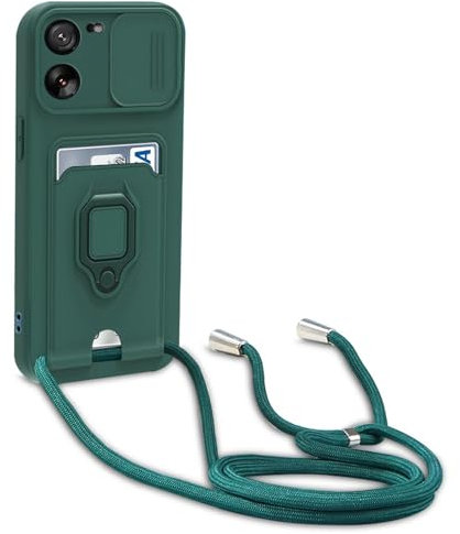 Dllatui Handyhülle Kompatibel mit Xiaomi Mi 13T/13T Pro Halsband Lanyard Silikonhülle,mit Kamera Schutz Schieber,Drehbarer Ständer mit Kartenfach Necklace Hülle (Grün)